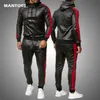 Tuta da uomo in pelle PU Tuta da uomo con cappuccio Set casual 2 pezzi Set Giacca in pelle sintetica + pantaloni Tuta sportiva da moto Abbigliamento da uomo 210916