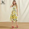 Mode Runway Sommarklänning Kvinnors Spaghetti Strap Knapp Gul Citron Print Vacation Party Elegant 210522