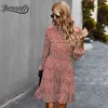 Zarif Frill Trim Çiçek Baskı Mini Elbiseler Sonbahar Kadın Standı Yaka Uzun Kollu A-Line Ofis Retro Elbise 210510