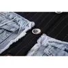 [EAM] Women Black Striped Spliced Denim Pockets Blazer Notched Long Sleeve Loose Jacket Fashion Spring Autumn 1DD5882 210512