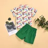 Verão Crianças Conjuntos Moda Manga Curta Imprimir Dinossauro Bow T-shirt Verde Sólido Shorts Casuais 2pcs Meninas roupas 1-7T 210629