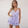 Sexy Sling Backless Playsuits For Women Casual Sleeveless Lace Up Bow Wide Leg Jumpsuit Female Summer Floral Print Short Rompers 210522