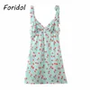 Cherry Print Satin Summer Dress Women Lace Up Strap Short Beach Holiday V Neck French Green Backless Mini 210427