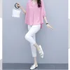 Summer Pink Cotton Linen Two Piece Sets Outfits Women V-neck Shirt + White Pants Suits Casual Fashion Korean Female 210513