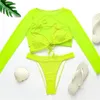 Neongelb Crop Top Swimwear Frauen Sommer Sexy Beachwear Mesh Langarm UPS UPS Drei Stück Badeanzug Bikini Set 220226
