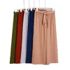 Pantalon coréen en mousseline de soie à taille haute pour femmes, taille élastique, taille haute, noir, solide, extensible, kaki, 210319