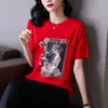 Film red T-shirt female summer comfortable printed cotton shirt with short sleeves fashion leisure coat 210531