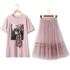 Frühling Teenager Mädchen 2-tlg Sets Bogen T-shirt + Gaze Rock Süße Stil Kinder Outwear Kleidung E9679 210610