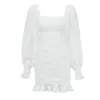 Deat Dames Witte Folds Zipper Office Dame High Dress New Square Neck Long Lantern Sleeve Slim Mode Tij Zomer 7E0381 210428
