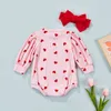 0-2T Newborn Baby Knit Love Heart Romper Lantern Long Sleeve Red Headband 2pcs Infant Girls Valentines Outfits G1221