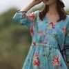 Johnature Women Vintage Print Floral Bandage Dress V-Neck Seven Sleeve Robes Summer Ramie High Quality Female Dress 210521