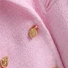 Femmes Rose Texturé Weave Cropped Blazer Za Printemps Élégant À Manches Courtes Bureau Lady Manteau Blazers Femme Double Bouton Top 210602