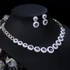 Oorbellen Ketting Pera Exclusive Design Royal Blue Cubic Zirconia Ronde Cirkel Link Choker Vrouwen Bruiloft Party Sieraden Set voor Bruid J335