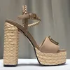 damessandalen met hoge hakken Topkwaliteit klassieke knop Echt leer Dress schoenen platform dikke hakken luxe designer geweven riem 13CM hak Sandaal met doos