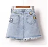 Large Size Embroidery Epaulet Denim Jacket Coat + Mini Jean Skirt Outfits Fashion Women Suit Office Two Piece Set S-5XL 210506