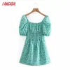 Tangada Summer Women Green Floral Print French Style Dress Puff Short Sleeve Ladies Mini Dress Vestidos XN340 210609