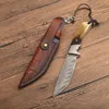 Survival Rechte mes VG10 DAMASCUS Steel Drop Point Blade Volledige Tang Hoorn + Staal Hoofd Handvat Vaste Blades Messen met Lederen Schede