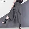 Xitao cintura alta retalhos bateu cor calças mulheres roupas verão outono moda elástico casual perna larga xj19 210925