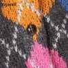 Yojoceli Geometryczna Plaid Dzianina sweter Cardigan Kobiety Okrągły Neck Casual Loose Jumper Odzieży Wierzchniej Streetwear 210609
