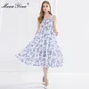 Moda Designer Dress Summer Women Spaghetti Strap Floral Print Elegant Midi 210524