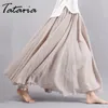 1 bawełniana spódnica lniana kobieta wysoki talii plisowany A-line kobiety vintage elastyczna talia stała kolor kostki długość 210514