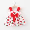 Bebek Kız Toddler Çilek Baskı Giysileri Yaz Bebek Yay Prenses Elbise Gelinlik Vestidos Bebek Elbiseler Q0716