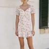 Yaz Chic Tatlı Çiçek Baskı Seksi V Yaka Puf Kollu Ruffled Mini Elbise Kadın Fermuar Vestido Moda 210508