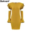 Beavant Ombro frio ruffles vestido de malha mulheres flare manga sexy bodycon outono vestido elegante festa curta vestido vestidos 210709