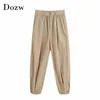 Women Solid Casual Pleated Pants Fashion High Waist Zipper Fly Trousers Elastic Khaki Pantalones Mujer 210515