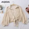 Sommar Transparent Lantern Sleeve Chiffon Loose Women T Shirts Button Up Ladies Shirt Lång elegant Kvinnlig Kläder 210521