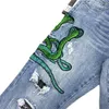 Herrendesigner Blue Black Jeans Snakes Patch Style Loch Mode Slim-Leg Motorrad Biker Kausaler Hip Hop Top-Qualität US Size 29-40