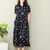 PERHAPS U Women Navy Blue Turn Down Collar Print Cotton T-shirt Dress Short Sleeve Button Knee Length Dress Oversize D2577 210529