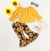 Set di abbigliamento per bambina autunno bambino Set di 2 abiti per bambina con spalle scoperte Top in tinta unita con stampa girasole Pantaloni lunghi 2 pezzi