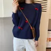 Women Sweater Knitted Pullovers Long Sleeve Crew Neck Navy Blue Red Cherry Fur Ball M0344 210514