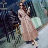 Yosimi Jesień Zima Khaki Kobiety Dziki Długi Trench Coat OuterWeear Slim Siatki Clothe z pasem Maxi Sashes 210604