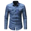 Homens camisa marca masculino manga longa denim camisas casuais cor sólida plissada retalhos slim fit motociclista azul cinza 3xl homens