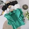 LY VAREY LIN Summer Elegant Vintage Office Lady White Green Tops Shirts Women Casual Turn-down Collar Puff Sleeve Short 210526