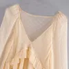 Kobiety Dot Print Ruffles Zobacz przez bluzkę Dorywczo przezroczyste żeńskie koszule z długim rękawem Office Lady V Neck Solid Top 210508