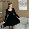 Kimutomo Women Vintage Black Velvet Bow Dress Spring Autumn Ladies Solid High Waist Long Sleeve Vestido Feminino Elegant 210521