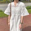 Korejpaa Women Dress Summer Korea Chic Temperament V-Neck Lace Hollow Embroidery Stitching Drawstring Flared Sleeve Vestido 210526