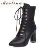 Metal Decoration Super High Heel Mid Calf Boots Women Shoes Pointed Toe Crystal Thick Heels Zip Lace Up Lady 43 210517