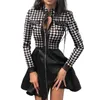 Lace Mesh Sleeve Patchwork Women Sexy Dress Autumn Stand Collar Print Zipper Pocket PU Leather Dress Elegant Slim A-Line Dresses 2184U