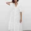 ZA blanc ajouré brodé oeillet robe mi-longue femmes manches bouffantes à volants ourlet robes de soirée femme coton été Vestidos 210602