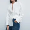 Vrouwen zomer losse witte blouses shirts tops lange mouw pocket poplin vrouwelijke vintage straat casual top blusas kleding 210513