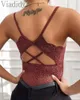 Kobiety Sexy Plunge Backless Koronki Kwiatowy Cami Tank Top Y220308