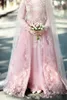 Pearl Pink Muslim Wedding Dresses Brudklänningar 2021 A Line High Neck Longepletes 3d Floral Lace Dubai Arabic Without Hijab Bride 295J