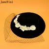 أغطية الرأس Janevini أنيقة قبعة الزفاف شبكة عشاء حزب الزفاف القبعات خمر البريطانية الزهور اللؤلؤ النساء العروس دبوس كوكتيل الأسود