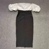スラッシュネックパフ半袖ハイウエストボディコンミディドレス女性服210520