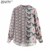 Zevity Women Vintage Stand Collar Butterfly Floral Patchwork Print Blouse Female Lantern Sleeve Shirts Chic Chemise Tops LS9132 210603