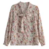 秋の長袖ブラウス女性Vintgae花柄プリントシフォンシャツルーズファッションボウBlusas Mujer de Moda Tops 10549 210506